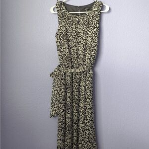 MSK Midi Dress Wrap Tie Around Waist Black & White Leaves Pattern Women's 8 Belt